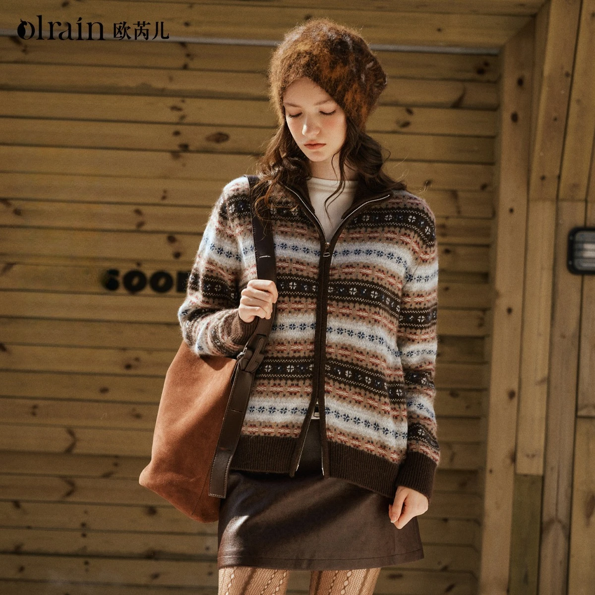 เสื้อคาร์ดิแกนถักลายแจ็คการ์ด OLrain สำหรับผู้หญิง สไตล์วินเทจ ลายทาง ซิปหน้า เสื้อกันหนาว ฤดูหนาว 2025 คอตั้ง ถักนิตติ้ง เสื้อจั๊มเปอร์ผู้หญิง รุ่น WO57DM003639