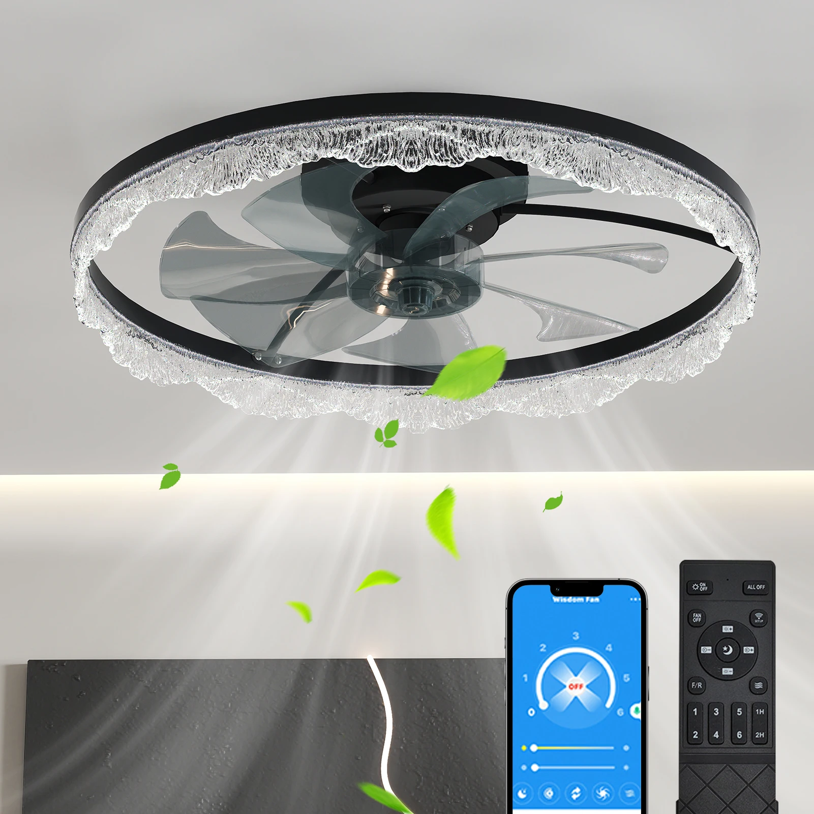 

ARLGSITE 24" Smart Silent Ceiling Fan with Light -Acrylic Flush Mount LED Fan Lamp with Hidden Blades and Natural Airflow System