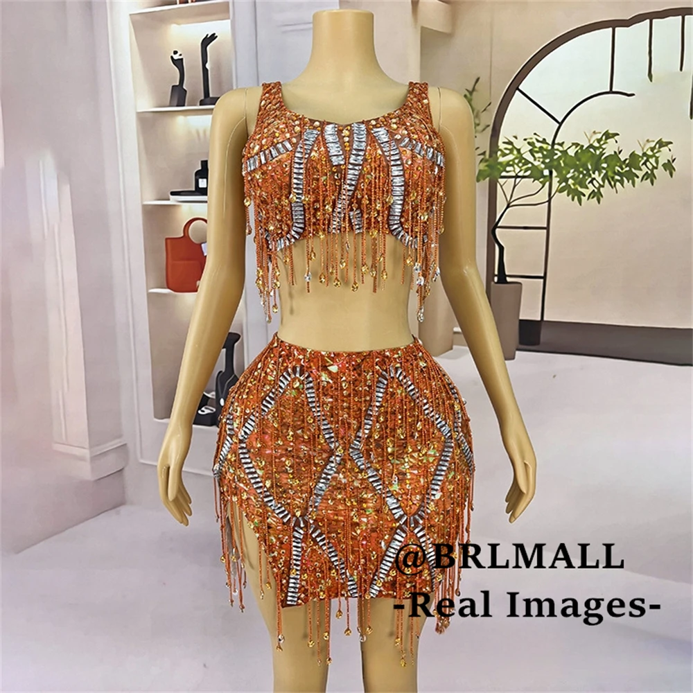 Promi-Abschlussballkleid für Damen mit Kristallen, Quaste, zweiteilig, kurze Partykleider, Tank-Ärmel, schillerndes formelles Kostümkleid