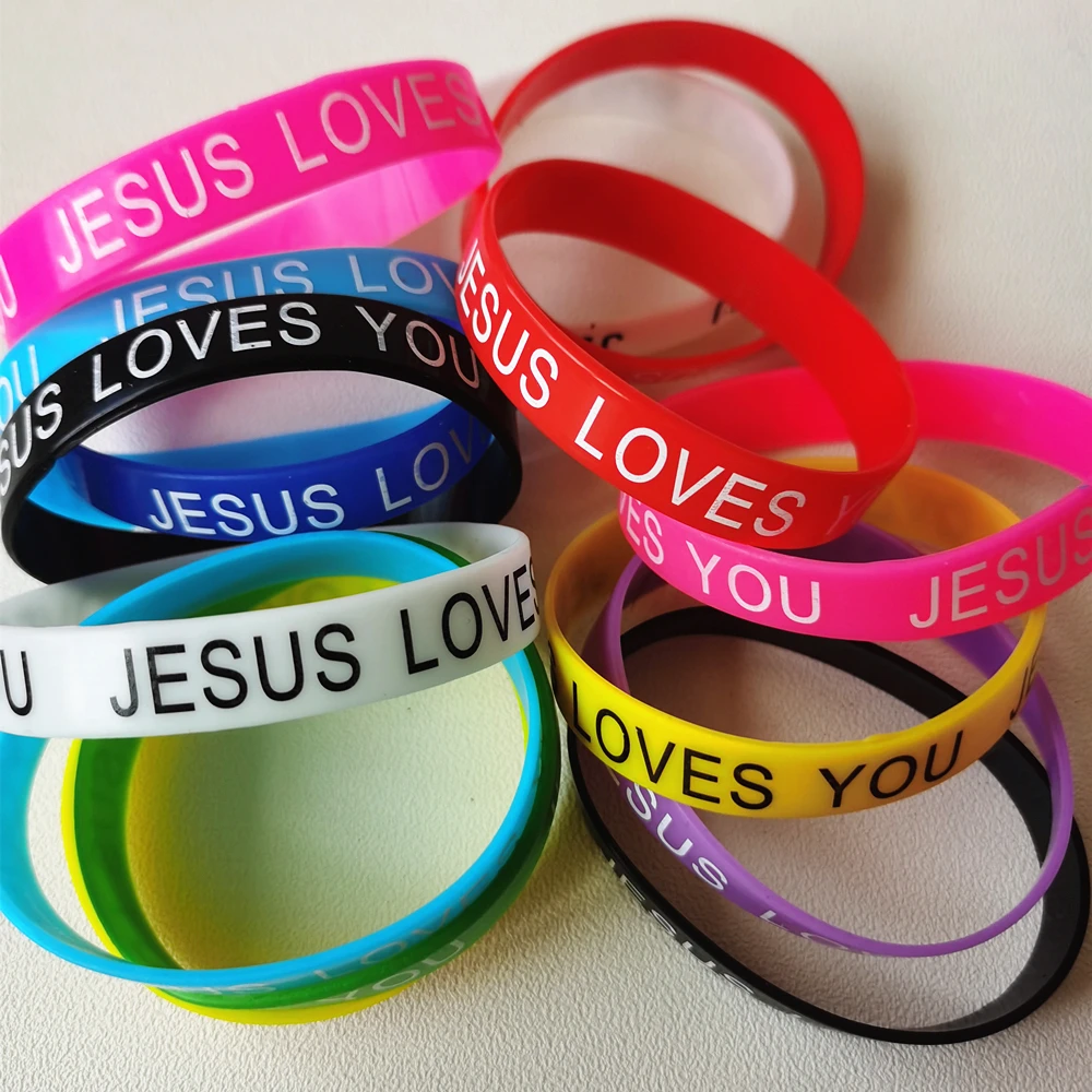 20PCS/Lot New Trendy Charming Jesus Wristband Silicone Bracelets Printing Religious Pattern Rubber Band for Catholic Christian