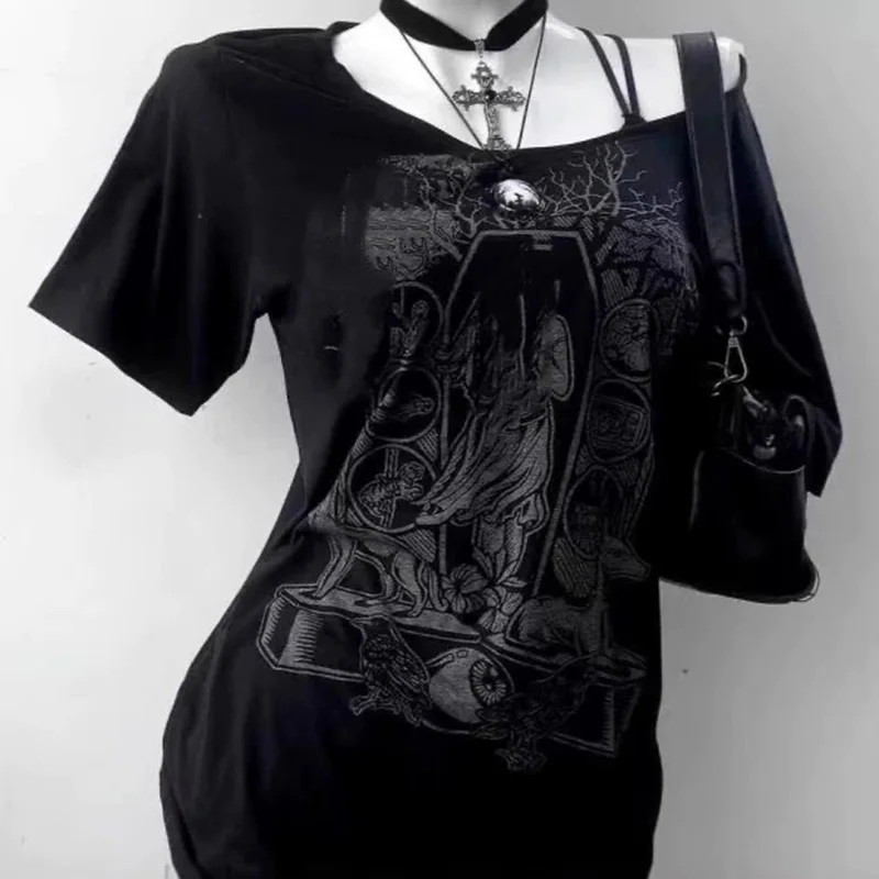 

Slimming Effect Y2K Millennium Trendy Girl Abi Retro oulder Splice Loose ort Sve T-irt Women Street