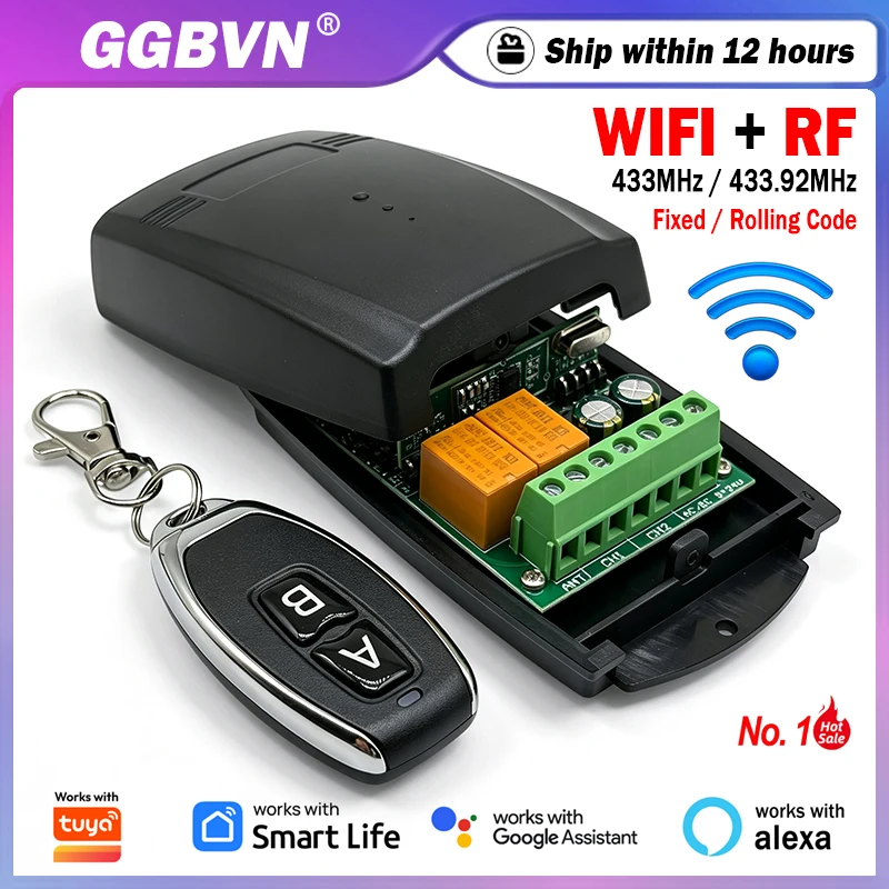Universal 433MHz 433.92MHz Remote Control Receiver 2CH Relay Garage Door Opener WIFI Smart Gate Switch Module Works With Tuya