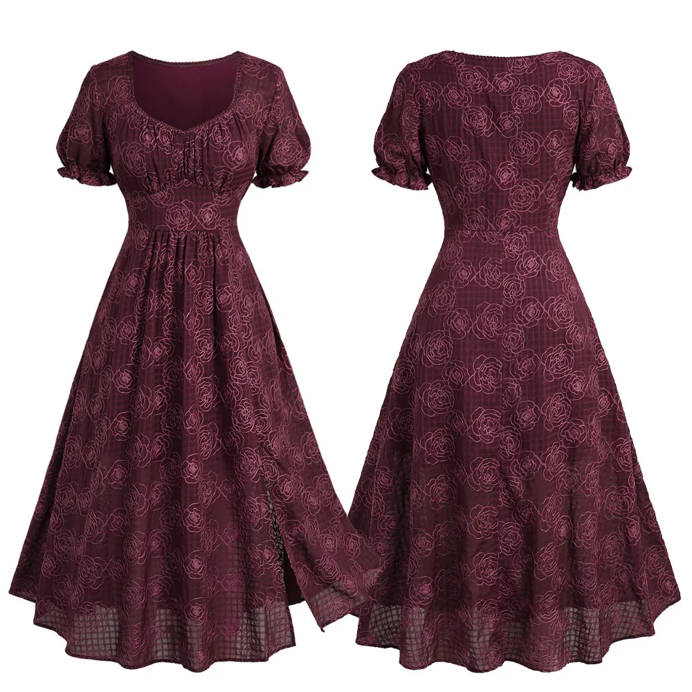 ROSEGAL Plus Size Plaid Floral Jacquard Dress Women's Summer Puff Sleeve Ruched A-Line Split Midi Dress Wine Red Vintage Vestido