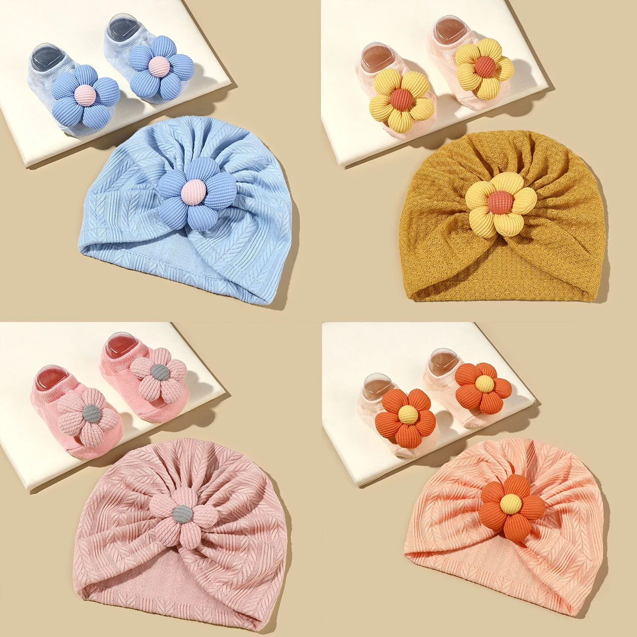 0-6Month Baby Turban Cap Socks Set Sweet Flower Toddler Headscarf Hat Newborn Bandana Headwraps Indoor Anti-slip Kids Floor Sock