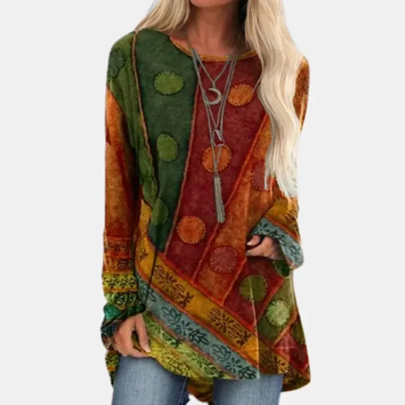 European and American Women\'s Popular Ethnic Style Printed Loose Long Sleeved Oversized Hoodie Fashionable T-shirt 2024