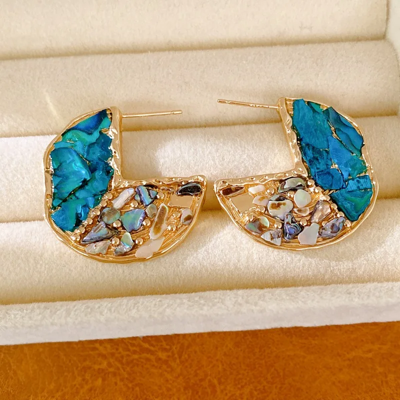 Vintage Blue Crushed Shell C Shape Hoop Earrings, Half Circle Abalone Shell Stud Earrings Niche Ocean Women Jewelry