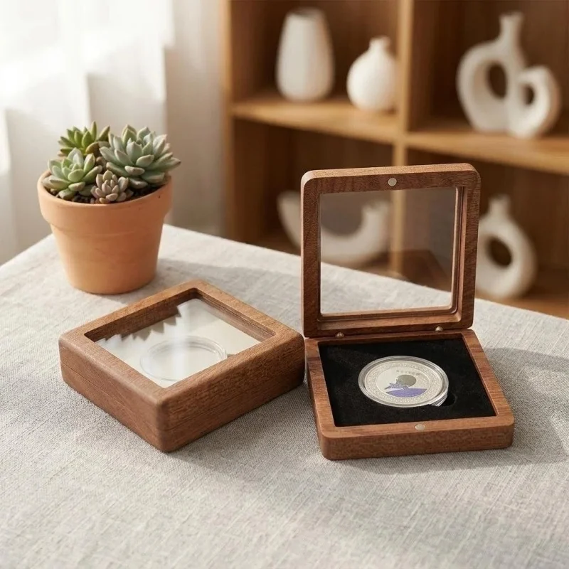 

1PCS Commemorative Coin Badge Box Gift Box Silver Coin Badge Ancient Coin Collection Box Wood Gift Box