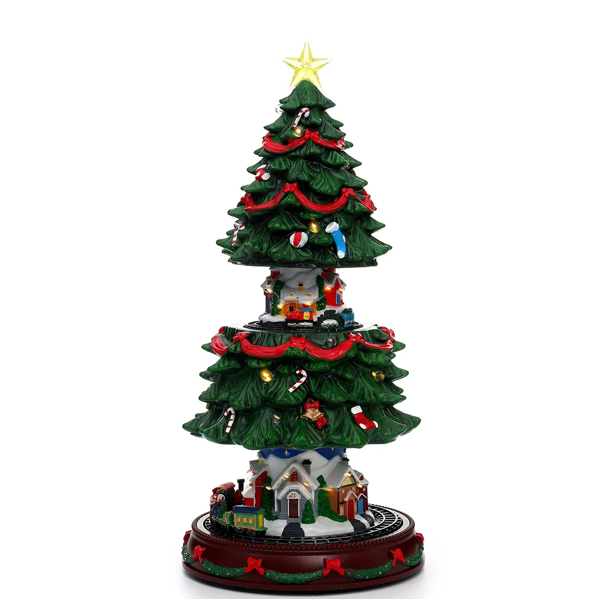 FY Rotating Luminous Resin Tabletop Christmas Tree Ornament, Musical Mini Christmas Tree with Country Scene LED Holiday Decor