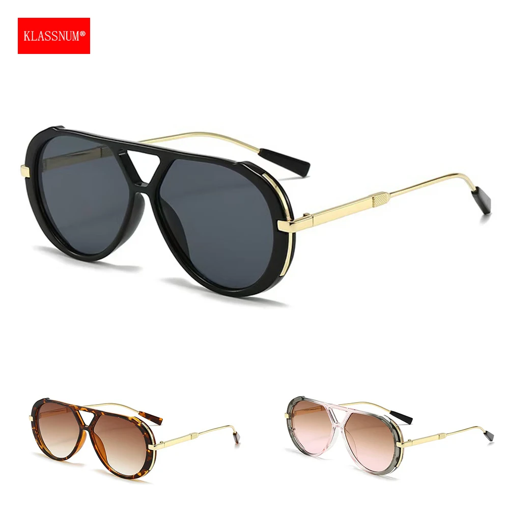 KLASSNUM Women Vintage Oversized Sunglasses Double Bridge Aviator Sun Glasses Anti UV400 Lenses Brand Designer Trendy Eyepiece