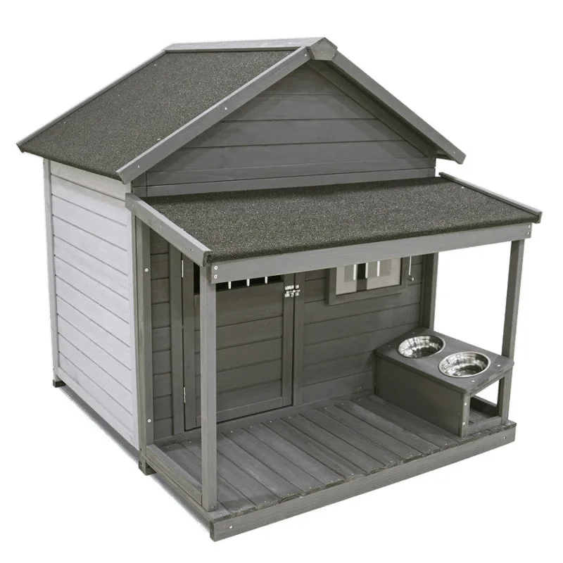 Multifunctional Wooden Dog House – Outdoor Windproof & Waterproof Kennel with Sun Visor and Feeding Bowl, Large Size