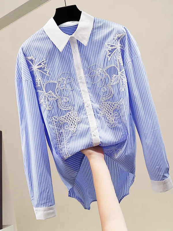 

Ретро-блузка в полоску с длинным рукавом, с обильной вышивкой бисером, свободного кроя, модный топ для создания молодежного образа, с воротником-стойкой, для повседневной носки