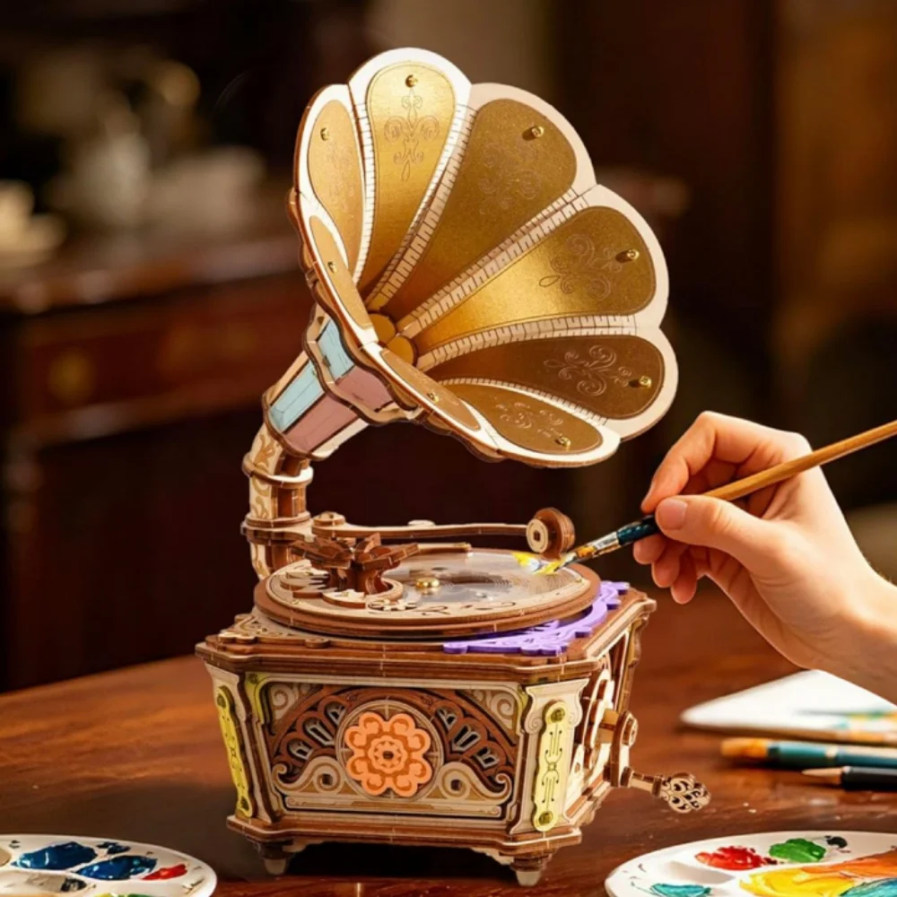 

ROKR Diva Gramophone 3D Wooden Puzzle Mechanical Music Box Vintage Gramophone Model DIY Kit Decorative Display Gift for Adults