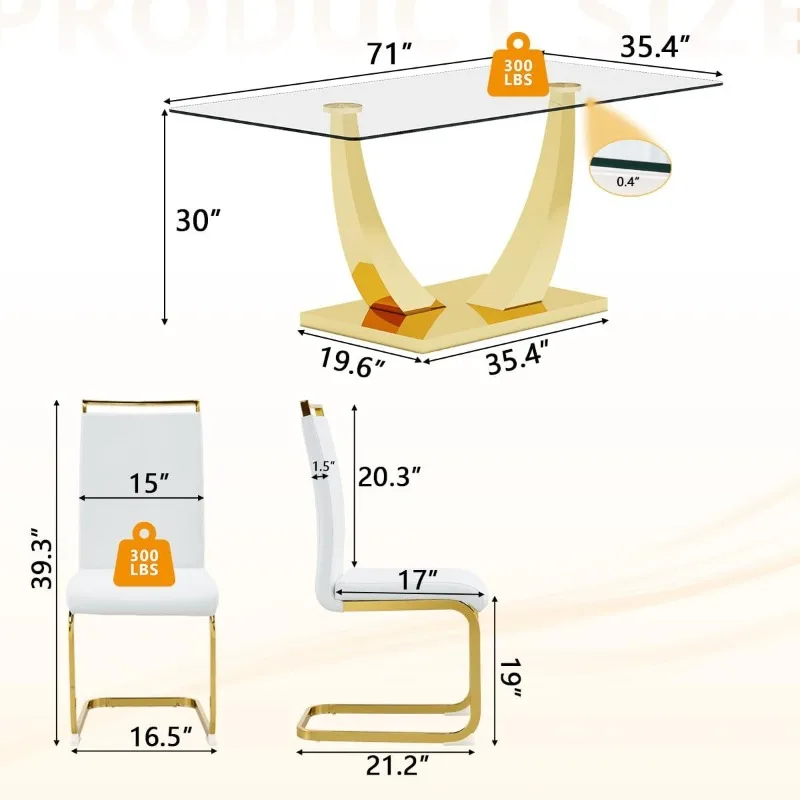 Gold Dining Room Table Set for 6,Modern Kitchen Table and PU Leather Chairs for 8, Dinner Table with Rectangle