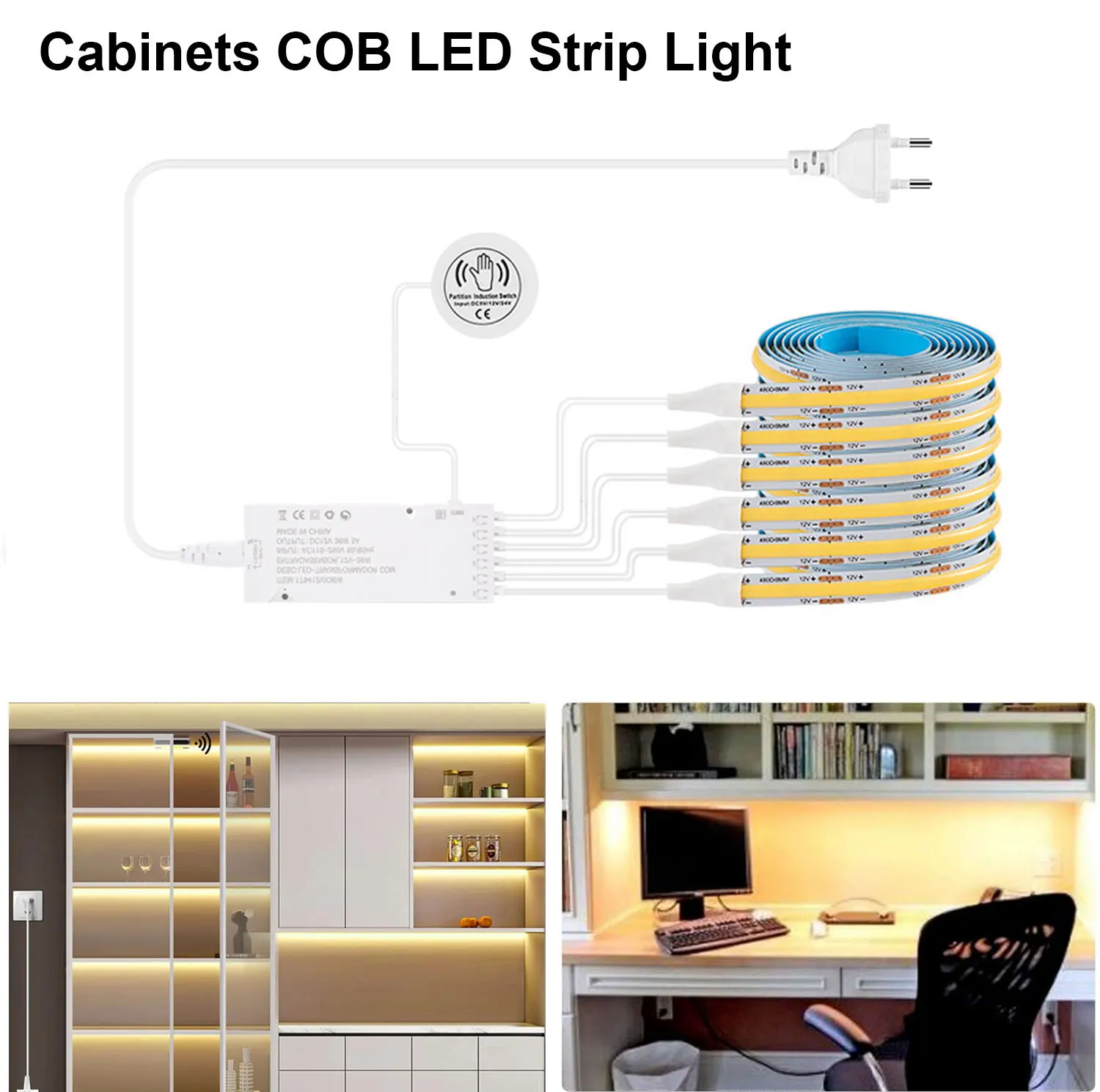 

Under Cabinet Collection Display COB LED Strip Light Bookcase Wardrobe Closet Lamp Tape Penetrable Wood Dimmable Touch Sensor