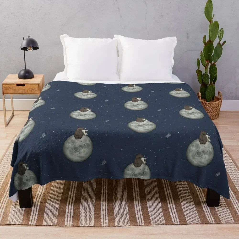 

Bear and Bunny on the moon Throw Blanket Cozy Microfiber Throw Blanket for Home Bedroom