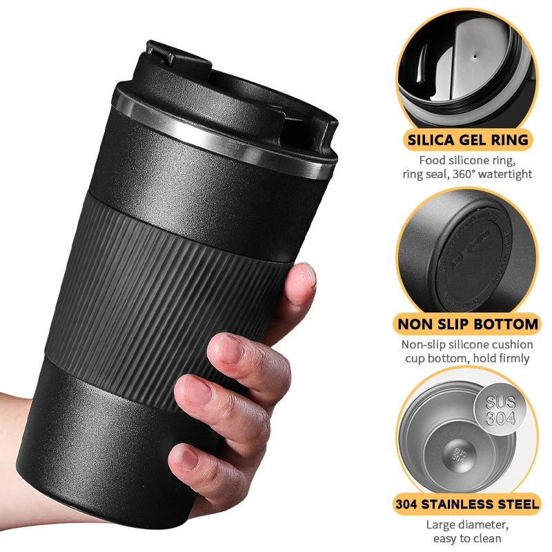 380ml/510ml Coffee Thermos Mug Leak-Proof Non-Slip Car Vacuum Flask Travel Thermal Cup Double-wall Stainless Steel Water Bottle