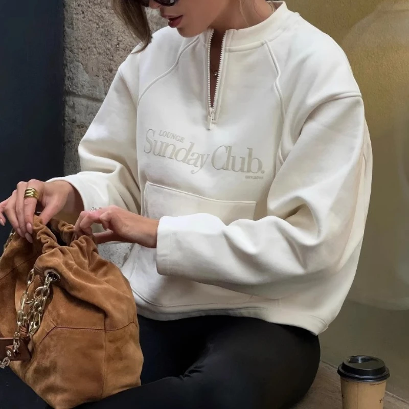 

New Crew Neck Terry Sweater Autumn Women's High-end Semi-zipper Versatile Lazy Shoulder Sleeve Pullover