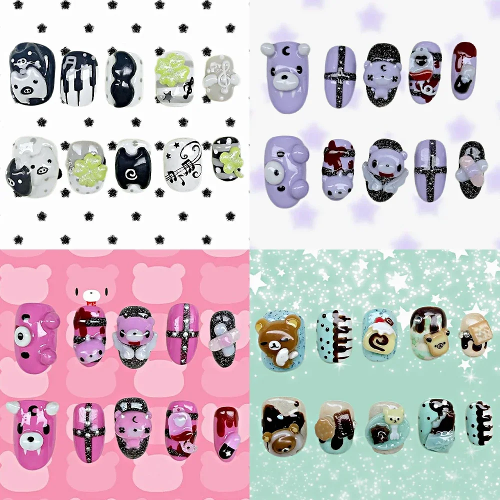 

Y2K Cartoon Anime 3D Rilakkuma Pig Handmade Reusable Press On Nail Wings Four-Leaf Clover Musical Notes Diamond Bow Fake Nails