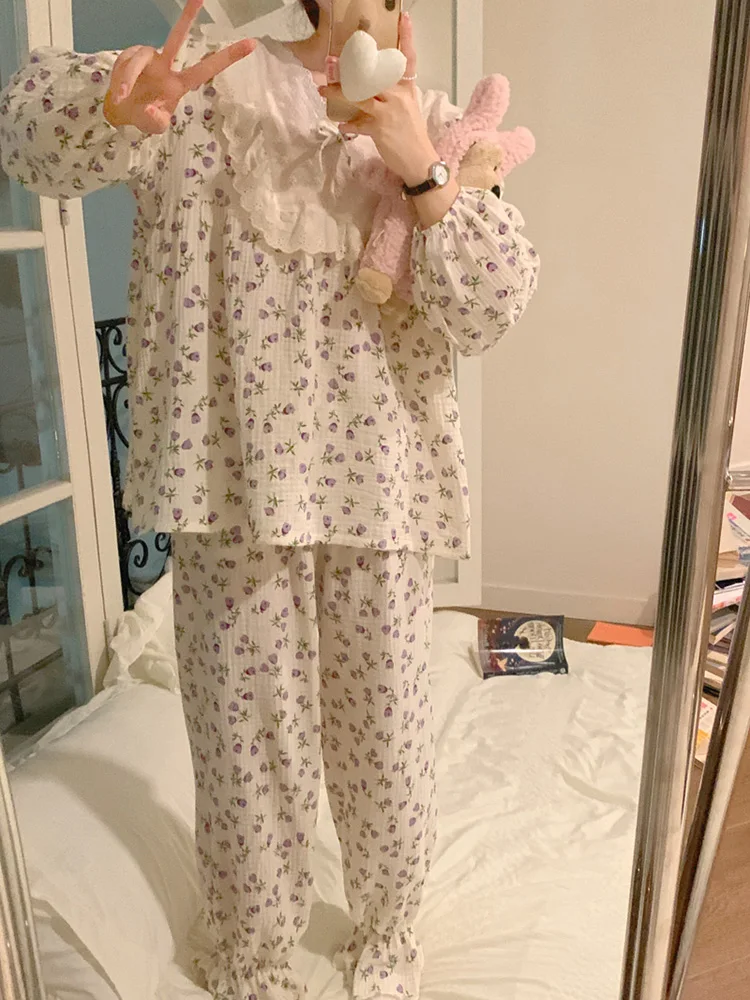 Sweet Flowers Floral Print Sleepwear Korean Lace Spring Long Sleeve NightDress Women Loose Splicing Elegant Casual Pajama Set