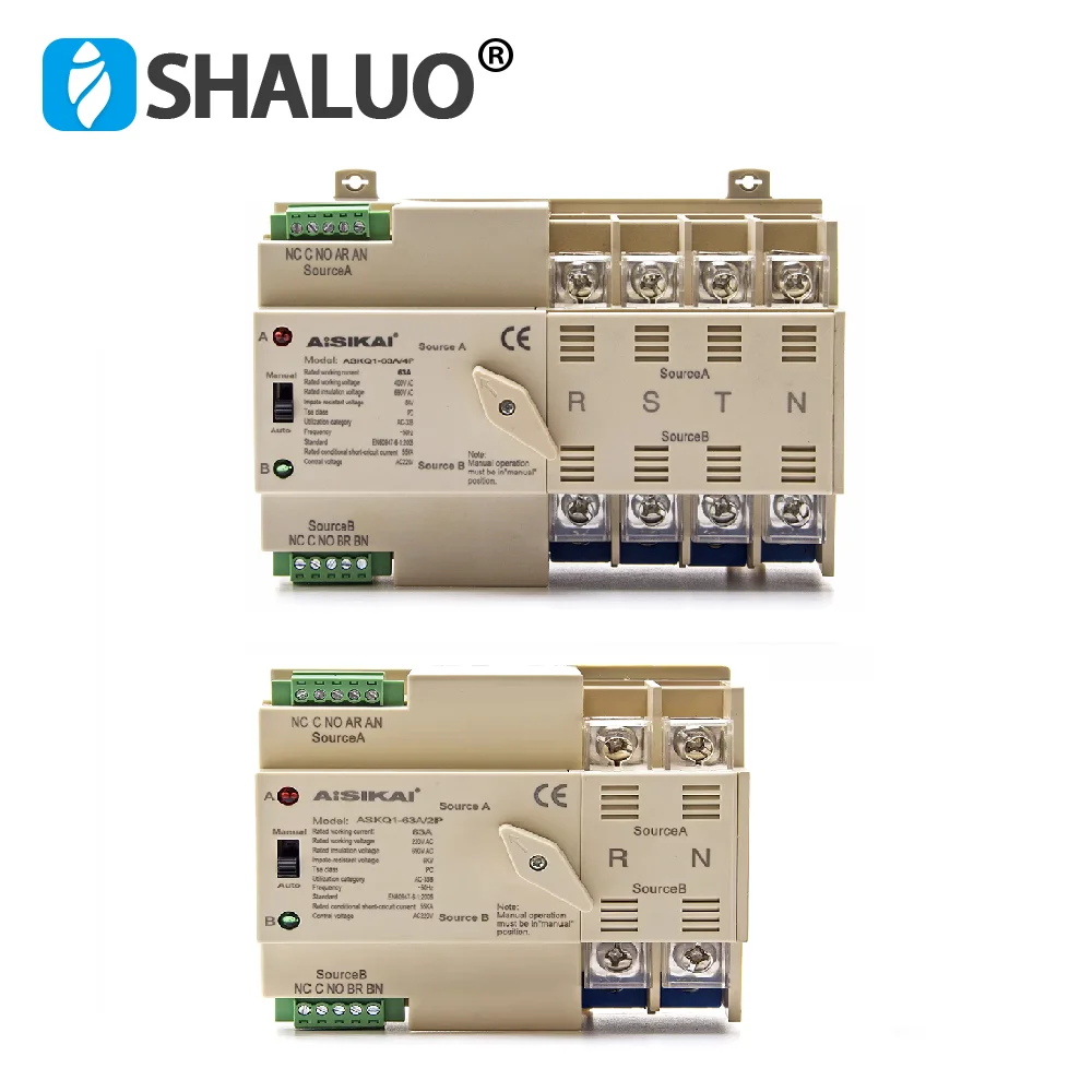 

AISIKAI 2P 4P 63A ATS PC Dual Power Automatic Transfer Switch Circuit Breakers For Generator Parts 220V 50/60HZ ASKQ1-63A/2P