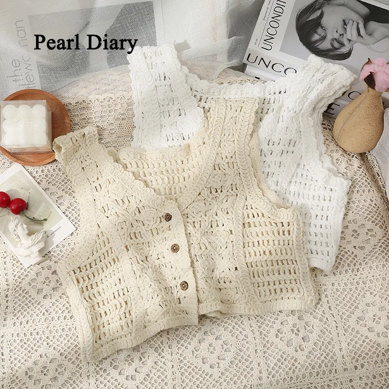 

Pearl Diary Women Summer Retro Hollow Out Perspective Waistcoat Short Low Neck Single-Breasted Top Women Fashion New Style Top