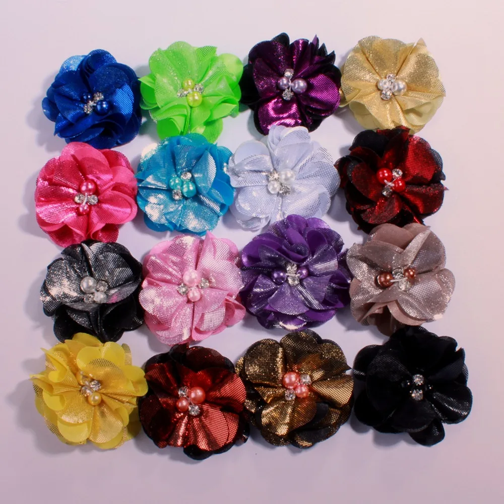 60PCS 5.5CM Hot Sale Fabric Flowers with Rhinestone Pearls For Headbands Metallic Fake Flower For Shoe Head Wear