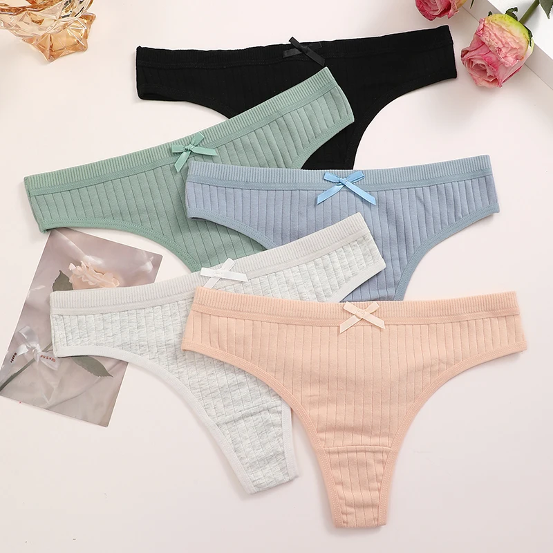 3Pcs Cotton Bow Tie Ribbed Underwear for Women Sexy Striped Panties Low Waist Soild Thongs Female Stretchy T-back Lingerie M-3XL