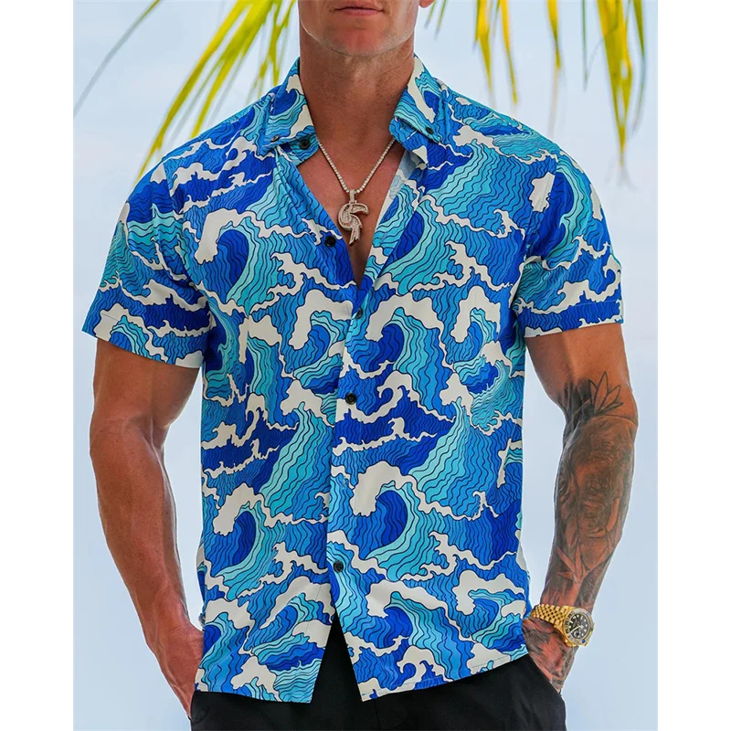 Tropical Style Wave Print Shirt Men's Clothing Loose Casual Button Up Hawaiian Shirt Short Sleeve Summer Beach Vacation Blouse