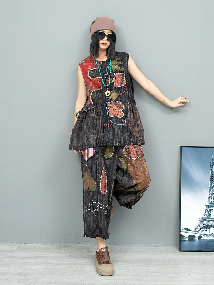 Heavy Industry Hand Embroidered Pant Set Old Cloth Cardigan Vest + Cropped Pants Two-piece Set Women 2024 Autumn Loose LX2230