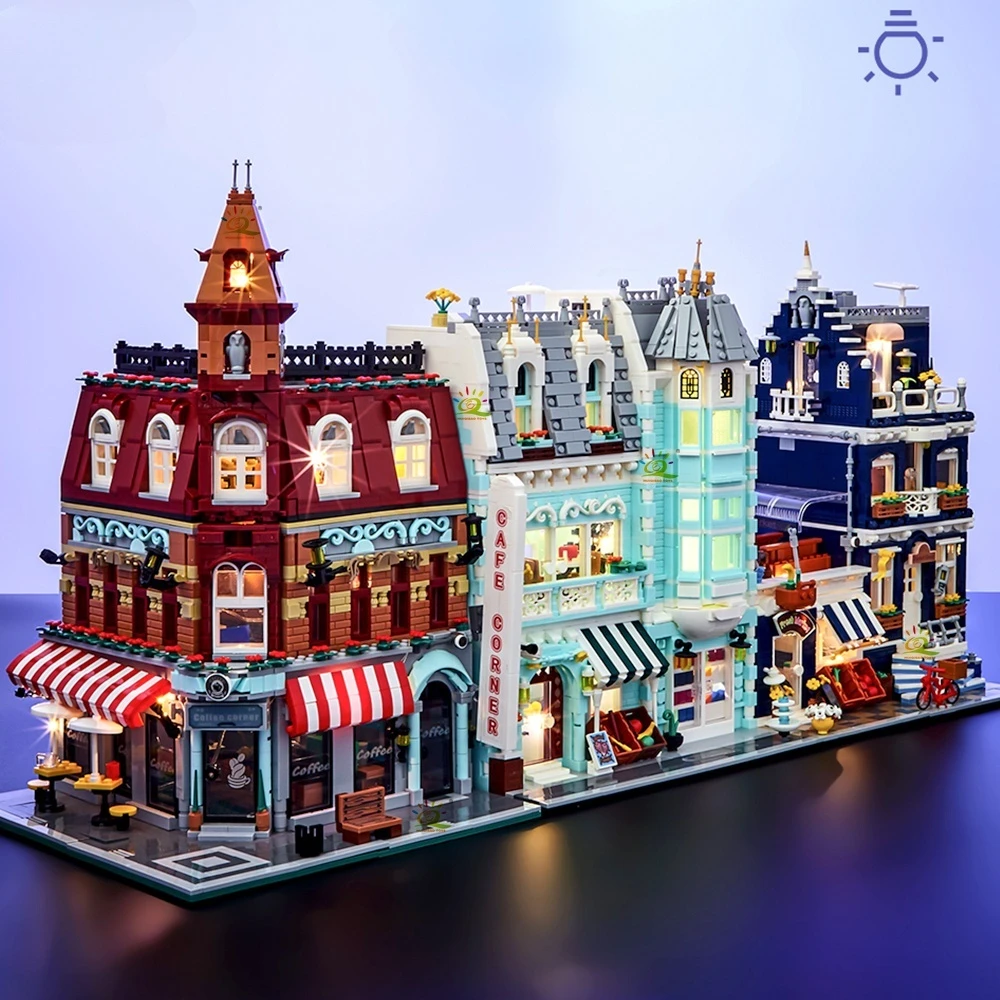 

City corner street scene model building blocks cafe market street with lights MOC modular city DIY building blocks for kids gift