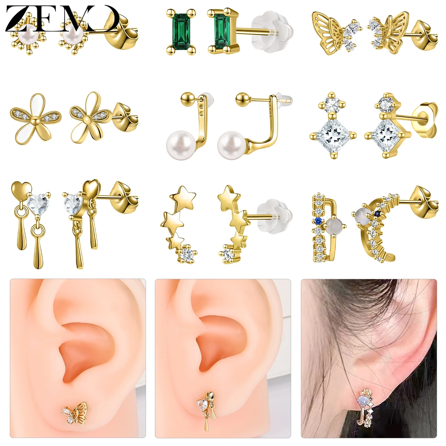 

ZEMO 1 Pair 925 Sterling Silver Ear Studs Women Girls Green CZ Crystal Stud Earrings Flower Lobe Helix Conch Piercings Jewelry