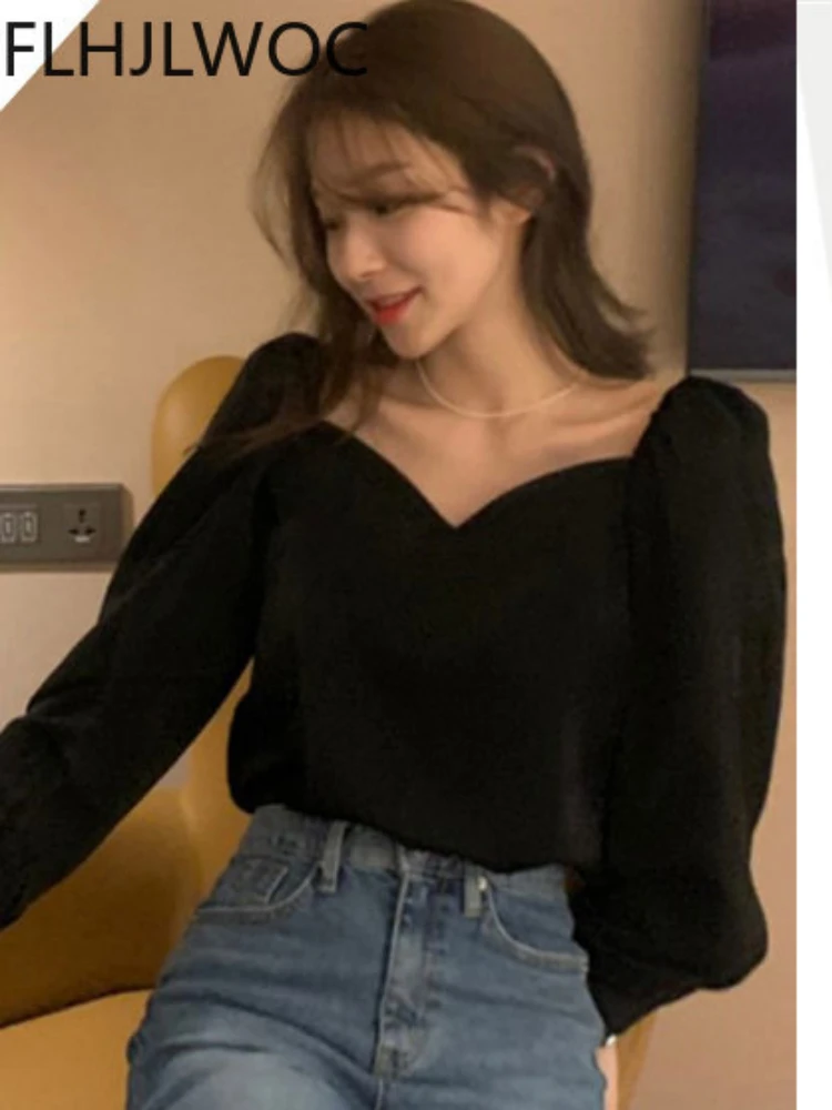 2022 Women Chic Korean Design Tops Blusas Fashion Solid Black Long Sleeve Elegant Office Lady Basic Shirts Blouses