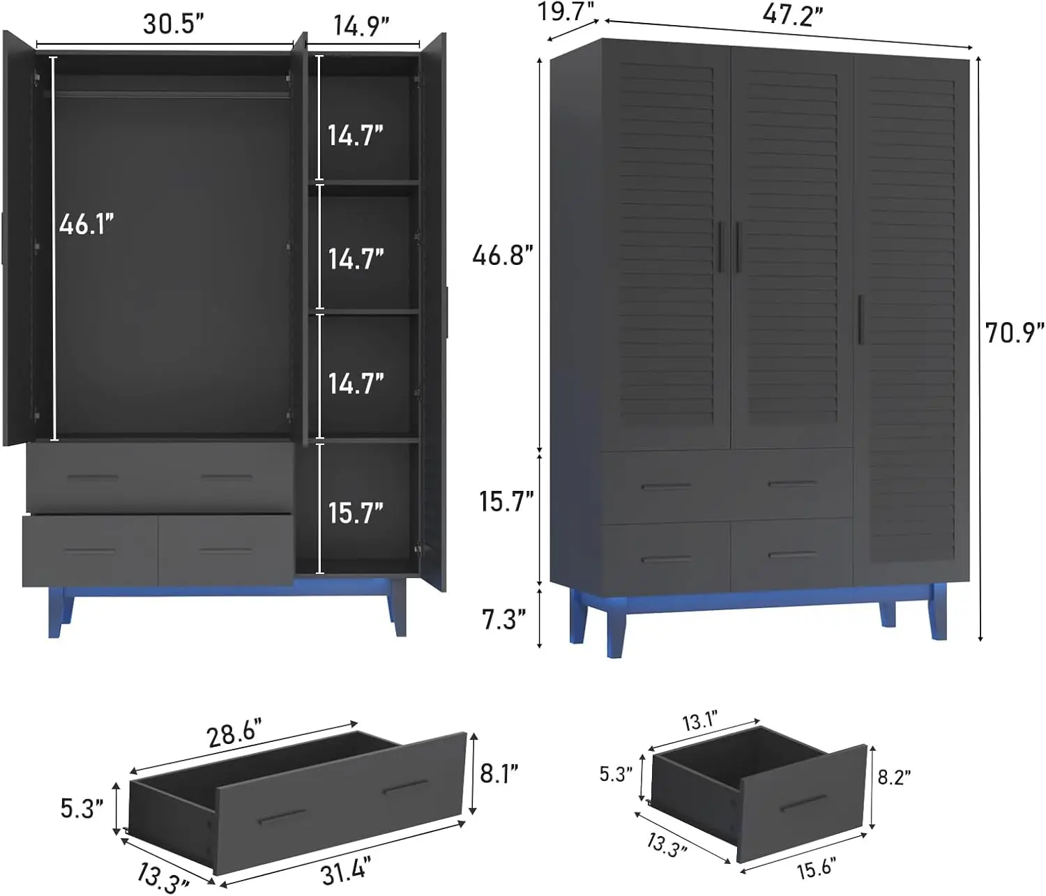 3 Door Armoire Wardrobe Closet Cabinet with Drawers and LED Lights, Multi-Tier Shelves, Hanging Rod & 3 Louver Doors, Large