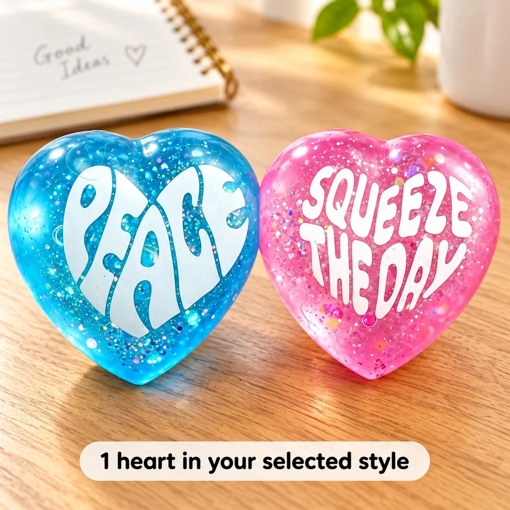 Glitter Heart Squishy Toy Blue Peace or Pink Squeeze The Day Soft TPR Heart Shape Squeeze Fidget Cute Gift for Teens and Adults