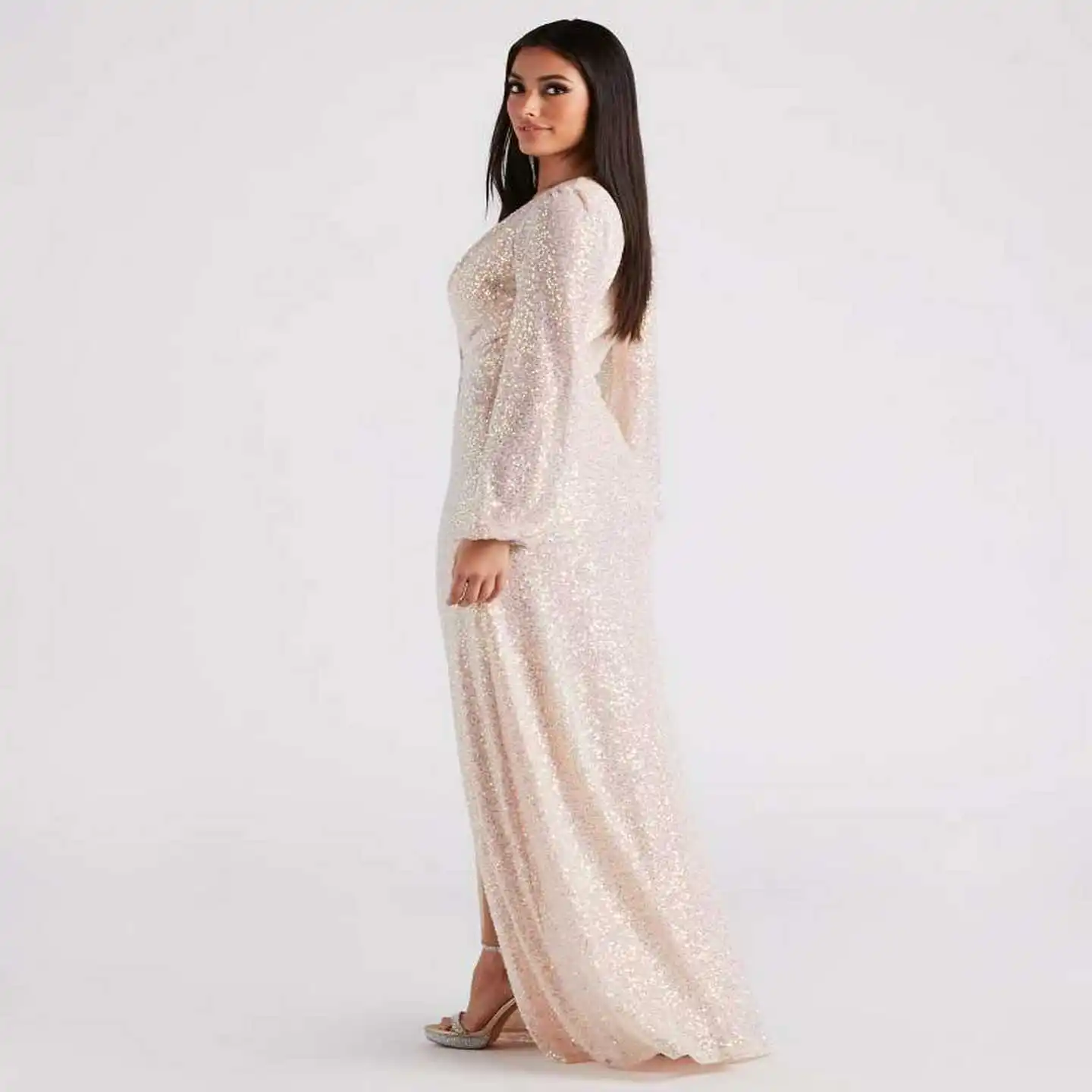 봄 여름 신상 롱 드레스 비즈 장식 슬릿 웨딩 드레스 여성 이브닝 가운 들러리 드레스 슬림핏 미드 웨이스트