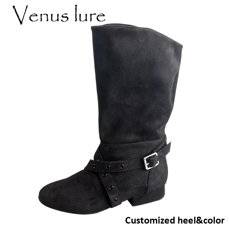 Venus lure Professional Indoor Black Ladies Dance Boots no Zipper Customized Suede Boots for Dancing Soft Sole