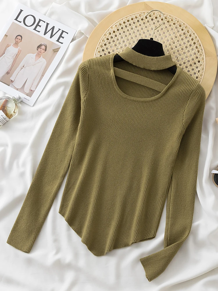 Korean Hollow Out Halter High Neck Women\'s Sweater Autumn Winter Soft Pullover Jumper Warm Women Knitwear Sweater Solid Tops