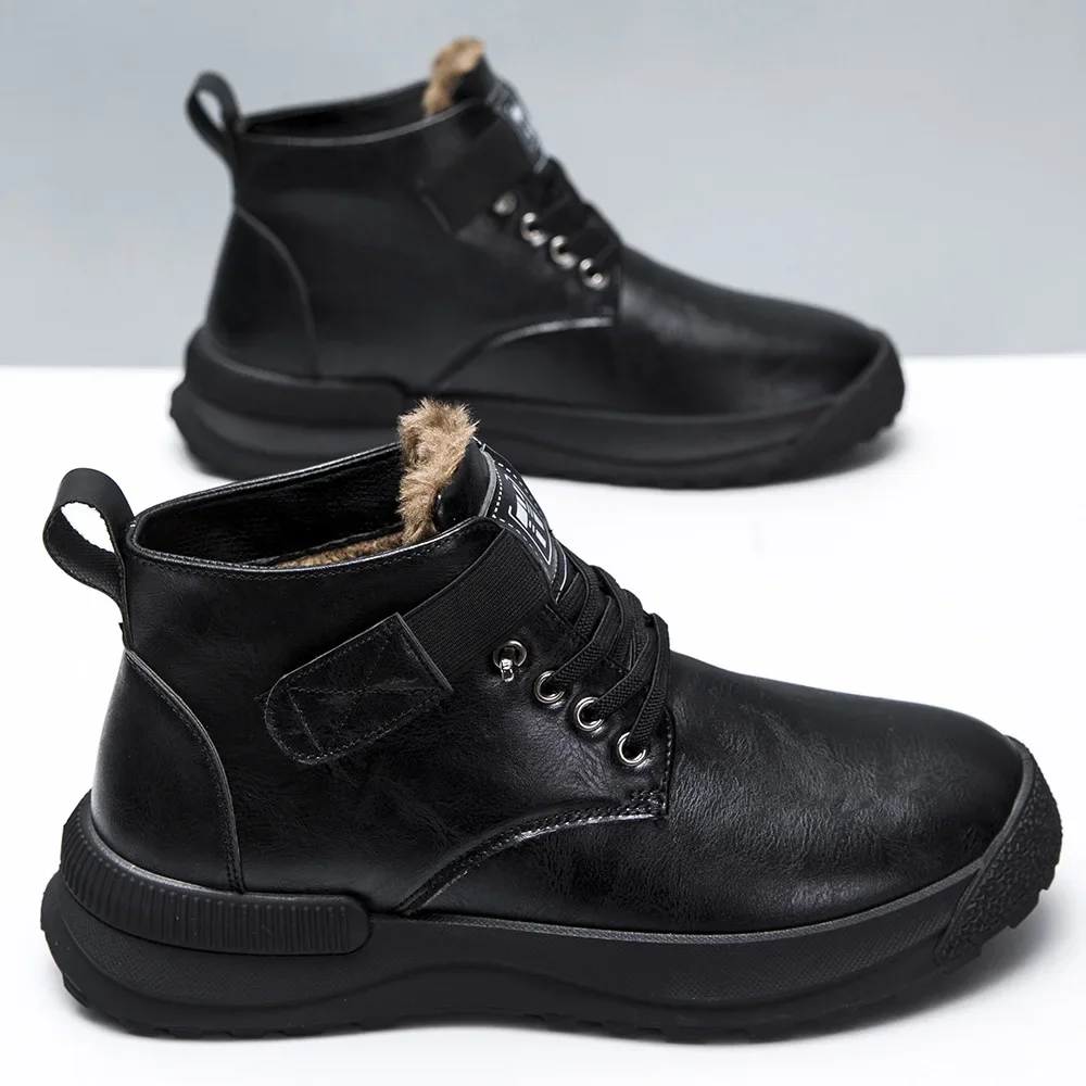 Botas masculinas de veludo de cano alto e acolchoadas retrô de sola macia, sapatos quentes de algodão, ferramentas, ao ar livre, inverno