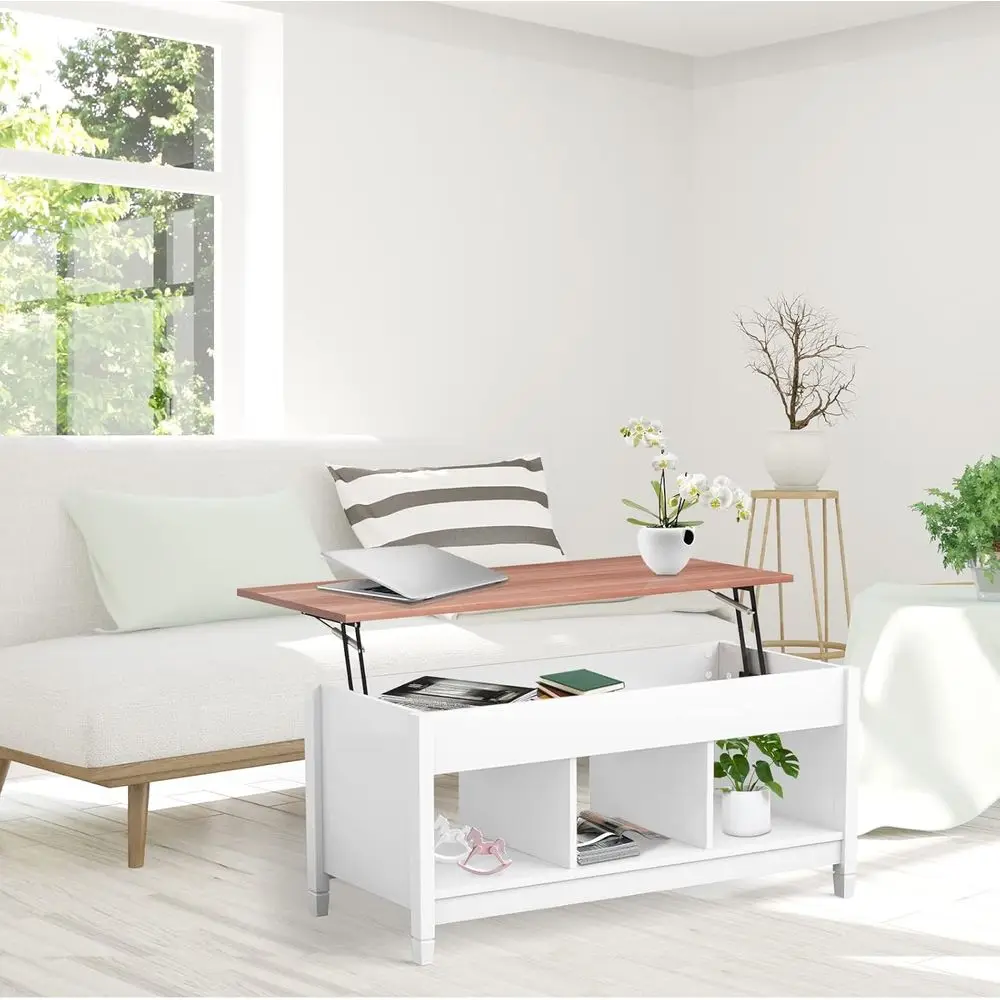 Hidden Storage Coffee Table with 3 Shelves, Rectangular Wood Legs for Living Room, White