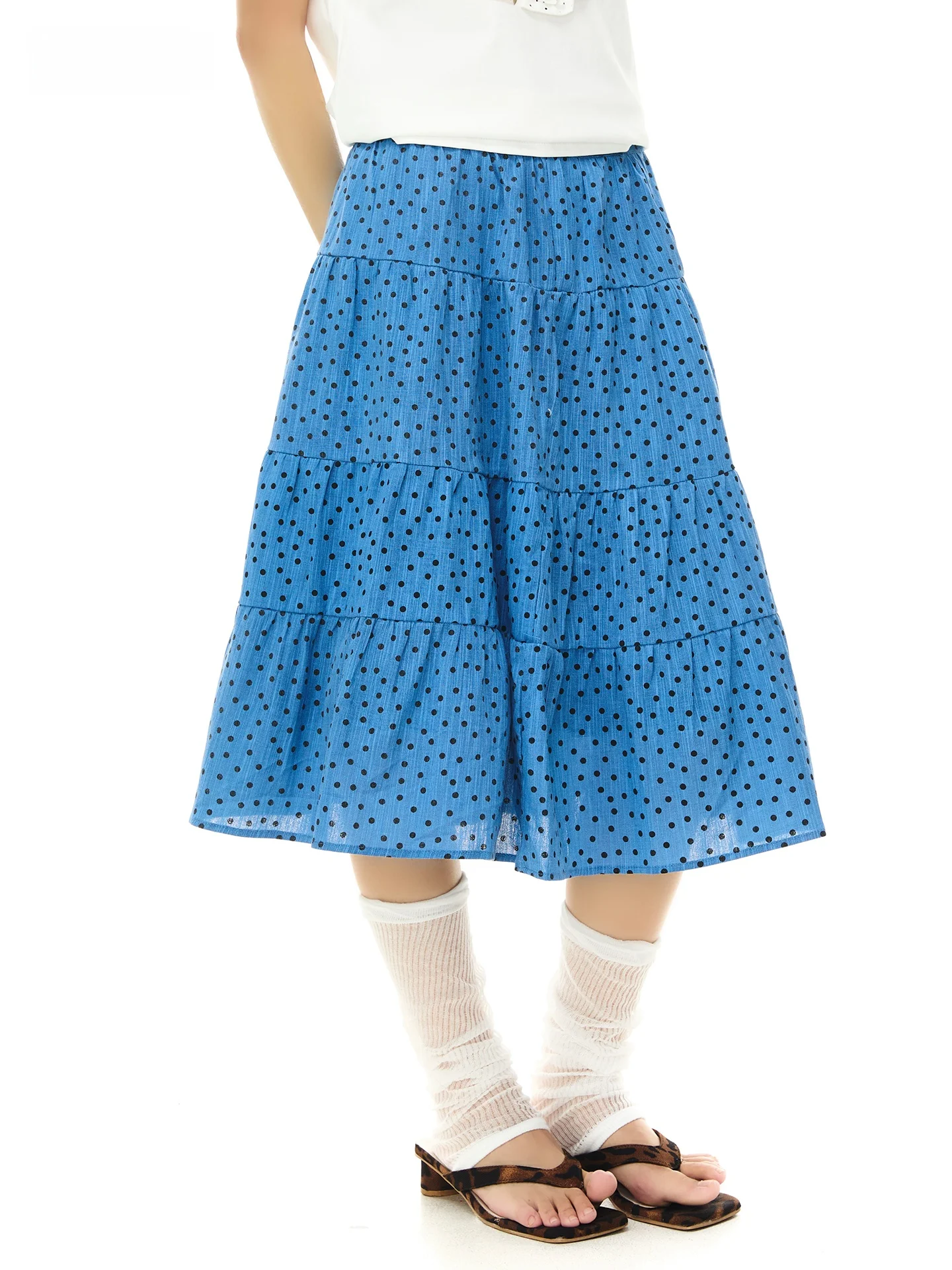 Sanowers Vintage Blue Polka Dot Print A-Line  Skirt Women Summer High Waist Slimming Cake Style Midi Skirt Princess Wind