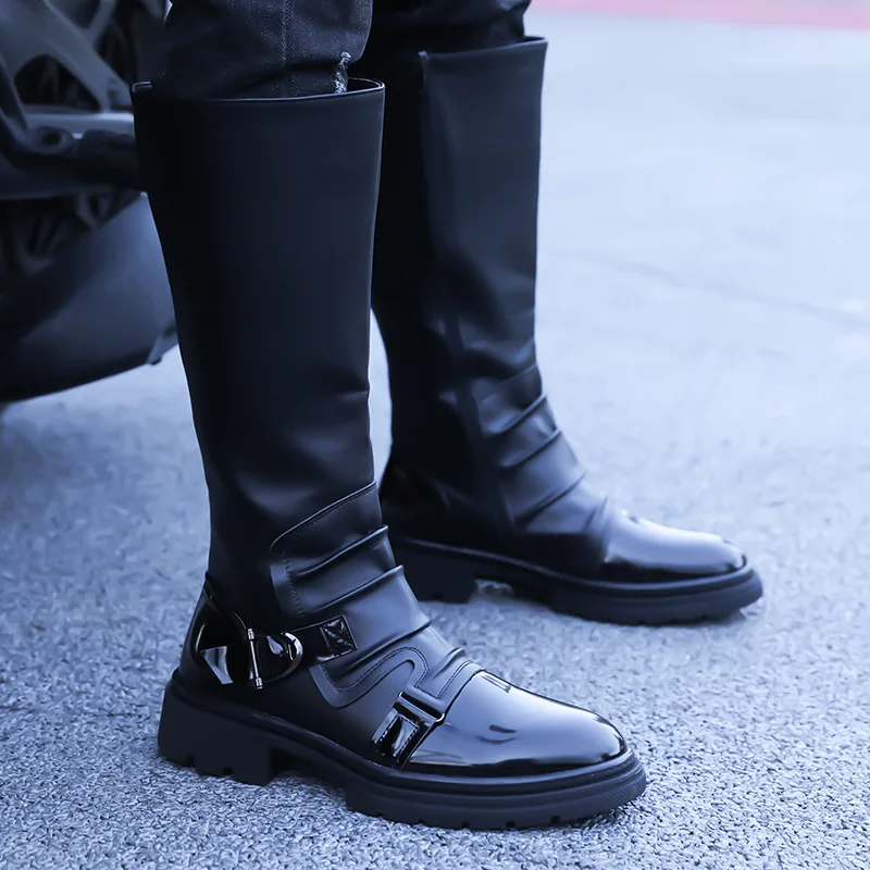 

Men's Boots High Quality Patent Leather Mid-calf Boot Fashion High-top Knight Boots for Men Motorcycle Boots Botas Para Hombre