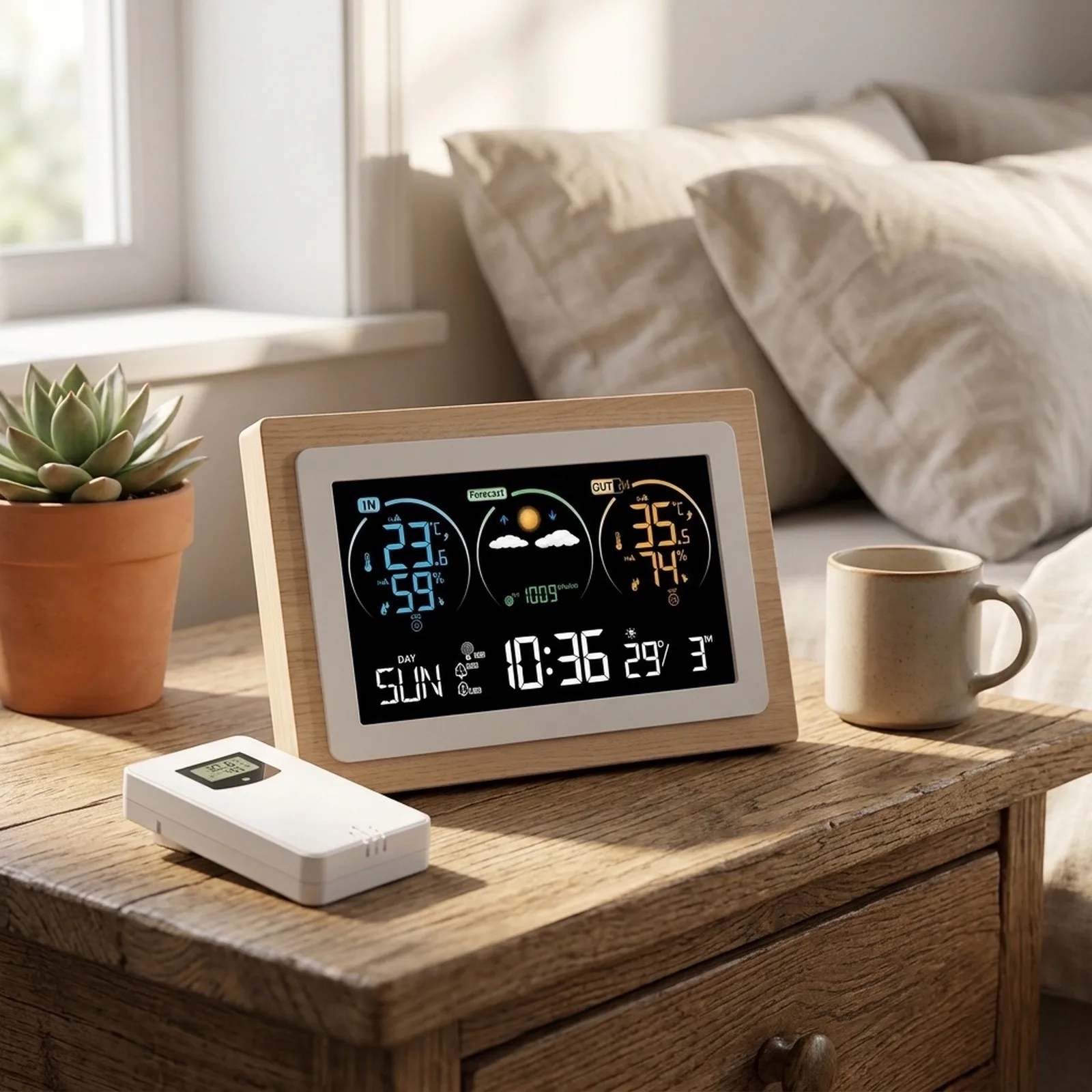 Wireless for Weather Station Digital Alarm Clock with Sensor Wooden Frame Accurate Weather for forecast for Home and Office