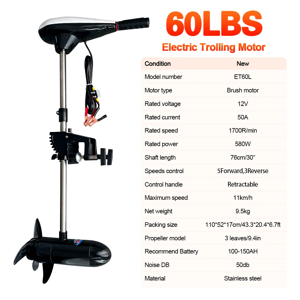 60lbs Electric Trolling Motor DC 12V 50A Saltwater Transom Mounted Outboard Brushed Engine For Inflatable Kayaks