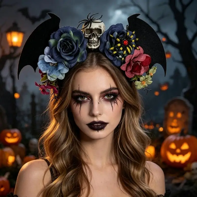 31BB Halloween Hair Accessory with Skull and Rose Gothic Party Accent