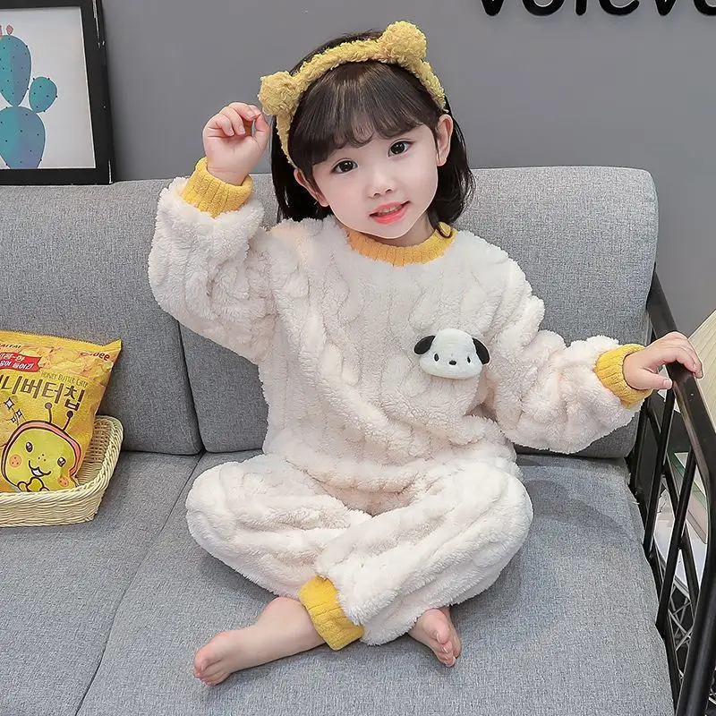 Child Pajamas Lounge Clothes Sanrios Kuromi Child Flannel Coral Fleece Thicken Suit Autumn Winter Pullover Two Piece Set