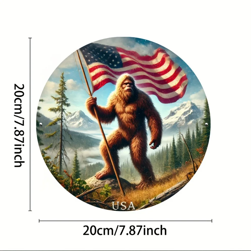 لافتة معدنية Sasquatch أمريكية عتيقة ثنائية الأبعاد - طباعة مستديرة ثنائية الأبعاد، فن جداري مقاوم للماء والغبار للمنزل