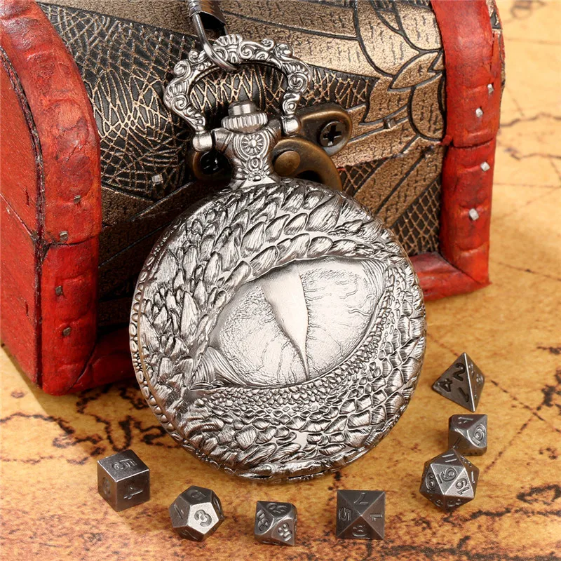 Antique Carved Dragon Eye Design Empty Pocket Watch Case Fob Chain 7Pcs Mini Size Metal Polyhedral Dice Set Role Play Accessory