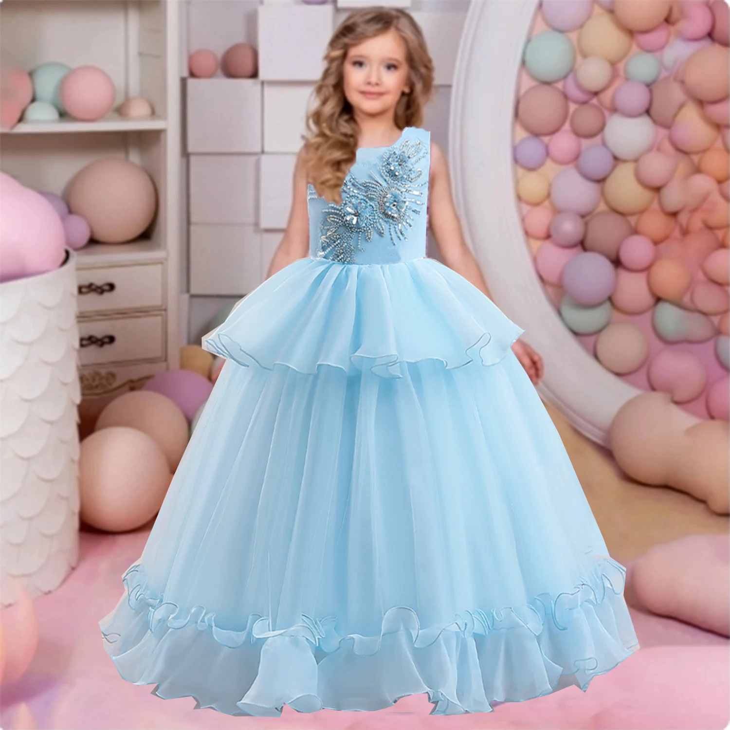 

Shiny Toddler Little Big Girls Embroidered Ruffled Flower Girl Birthday Party Pageant Formal Long Dress LP502