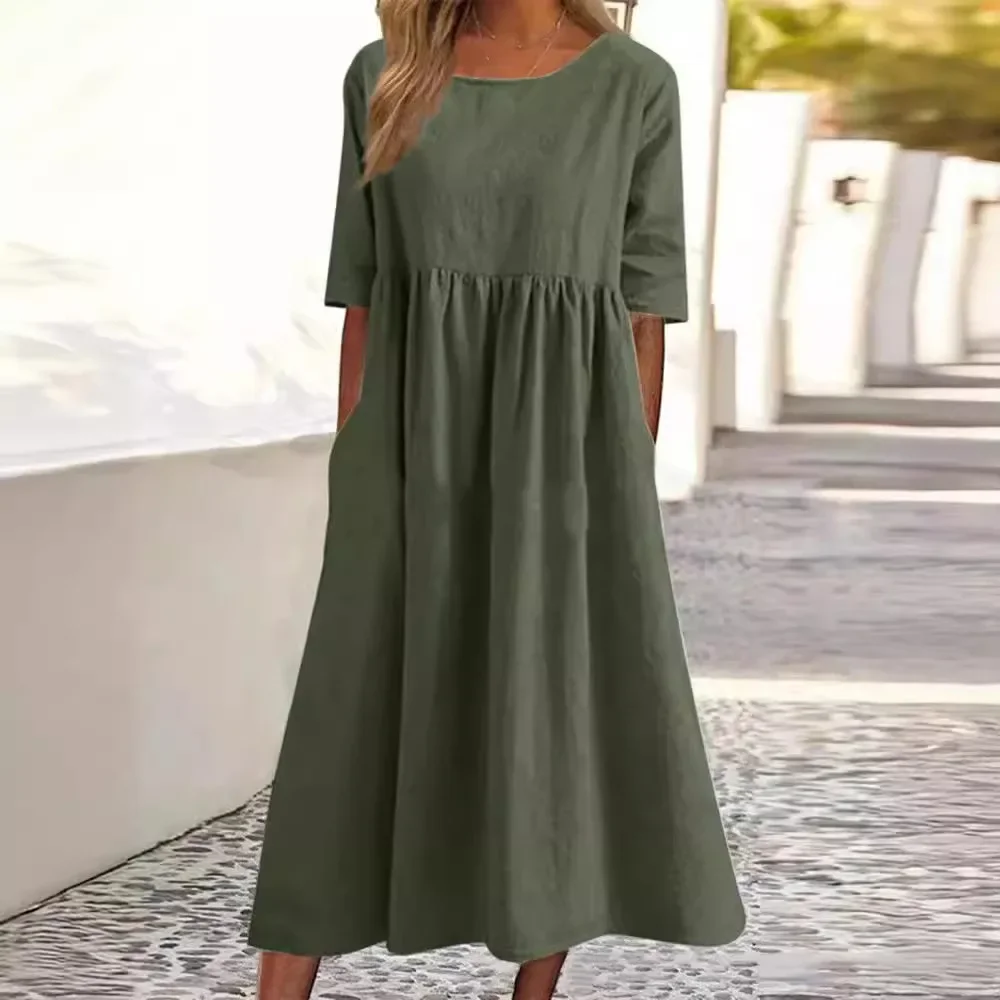 Round neck 5-point sleeve plus size casual qun skirt loose long solid color cotton and linen dress