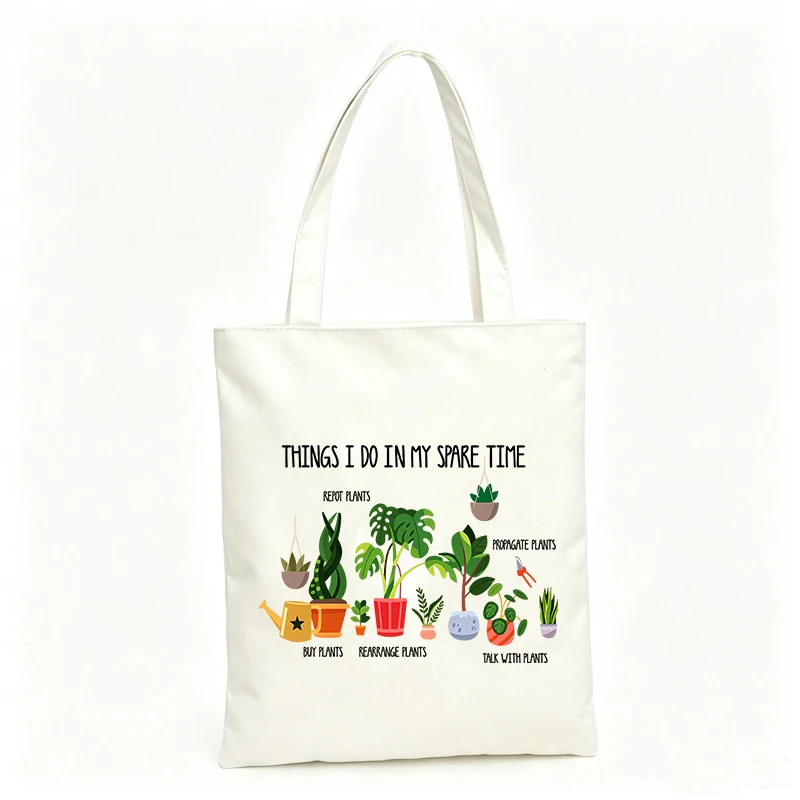 Plant lover's canvas tote bag with potted plants graphic and typography print, ideal for casual shopping and daily use